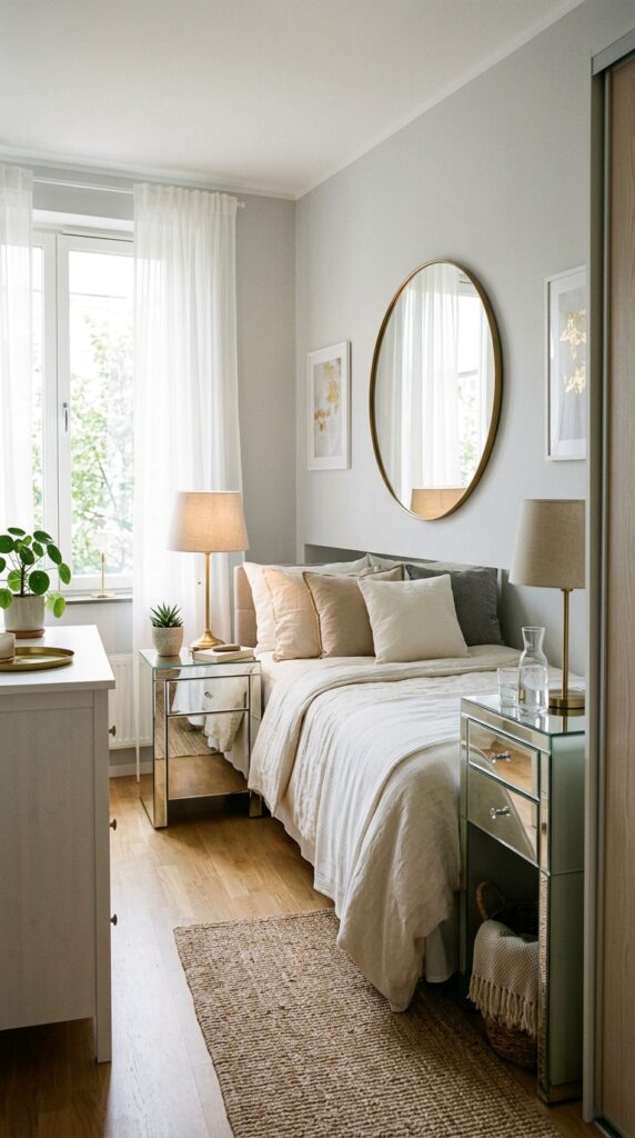 Mirrored nightstand in bedroom 19