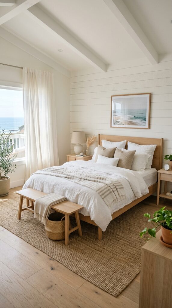 White coastal bedroom with linen… 202605241538