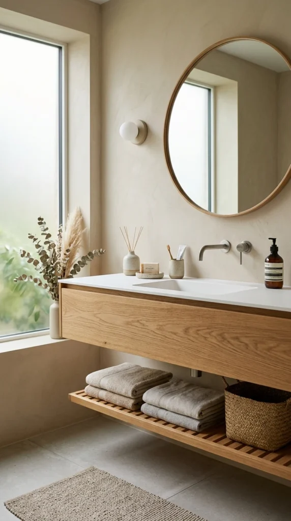30 Japandi Bathroom Ideas That Feel Like a Luxury Spa at Home 1 idea 1 warm wood vanity with s 001