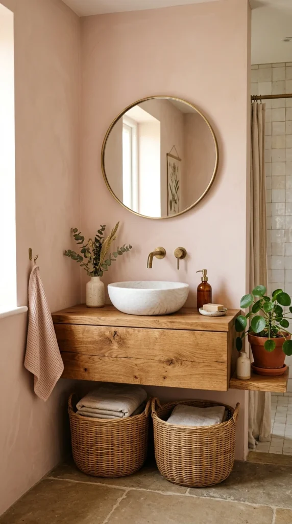 30 Pink Bathroom Ideas for a Soft, Spa-Like and Modern Aesthetic Home 12 idea 12 natural wood and pink 012b