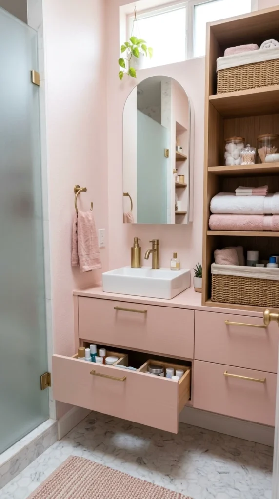 30 Pink Bathroom Ideas for a Soft, Spa-Like and Modern Aesthetic Home 16 idea 16 compact storage smart 016