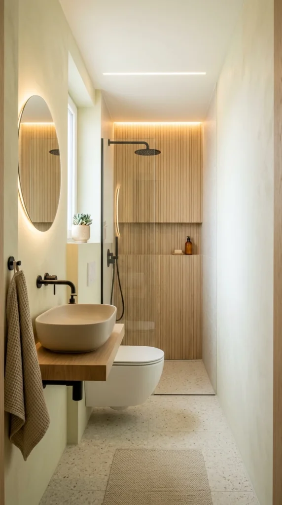 30 Japandi Bathroom Ideas That Feel Like a Luxury Spa at Home 17 idea 17 compact narrow bathroo 017