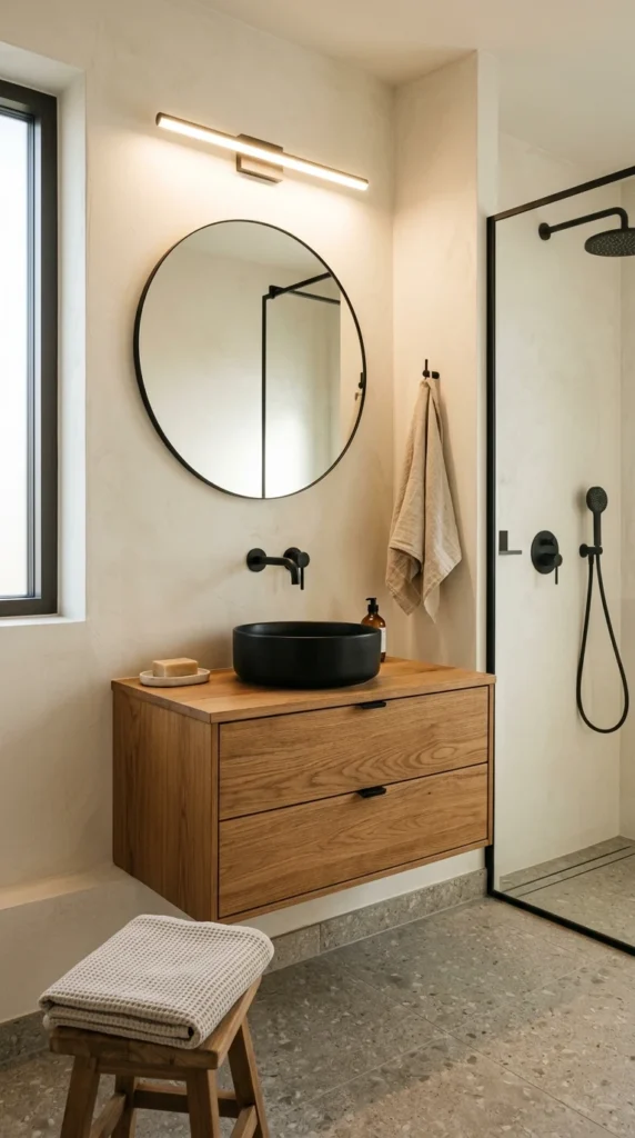 30 Japandi Bathroom Ideas That Feel Like a Luxury Spa at Home 22 idea 22 minimal black accent j 022b