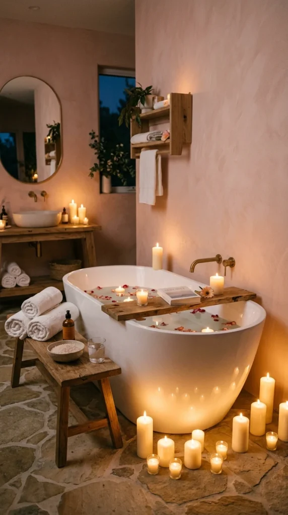 30 Pink Bathroom Ideas for a Soft, Spa-Like and Modern Aesthetic Home 22 idea 22 soft glow candle spa p 022
