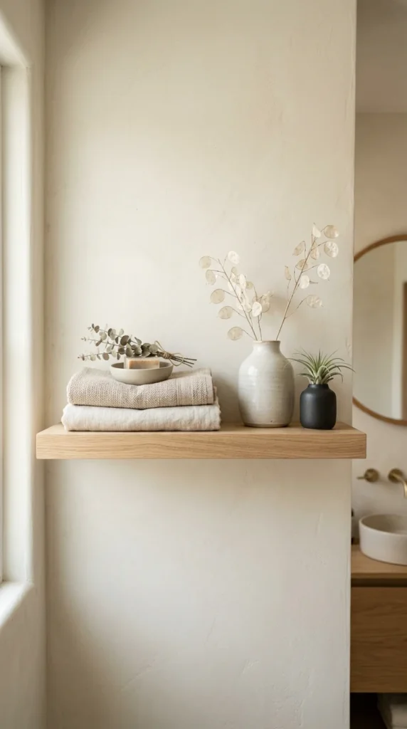 30 Japandi Bathroom Ideas That Feel Like a Luxury Spa at Home 24 idea 24 floating shelf styling 024