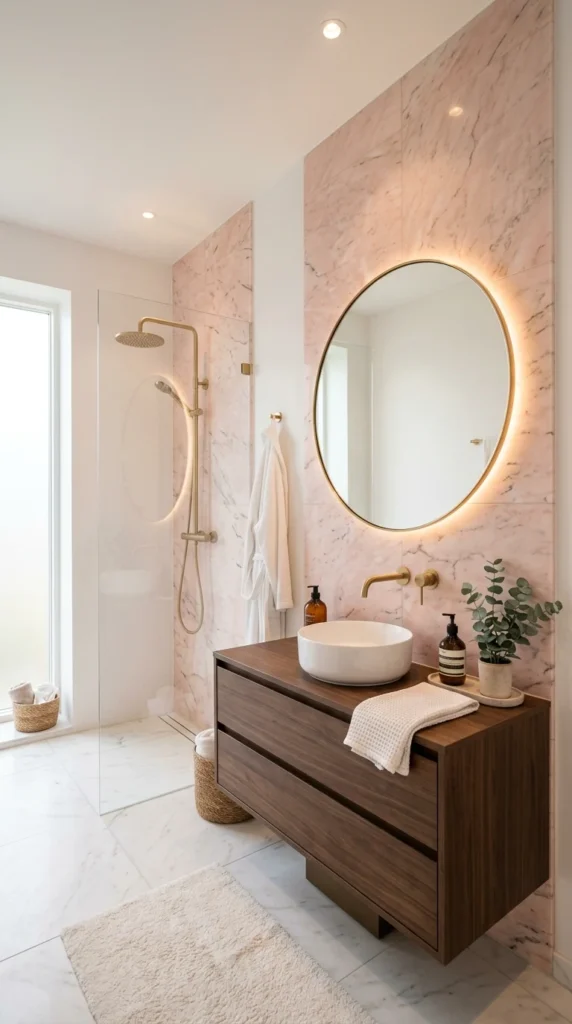 30 Pink Bathroom Ideas for a Soft, Spa-Like and Modern Aesthetic Home 24 idea 24 soft pink marble tile 024b