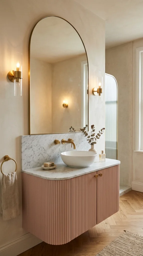 30 Pink Bathroom Ideas for a Soft, Spa-Like and Modern Aesthetic Home 26 idea 26 elegant arched mirror 026b