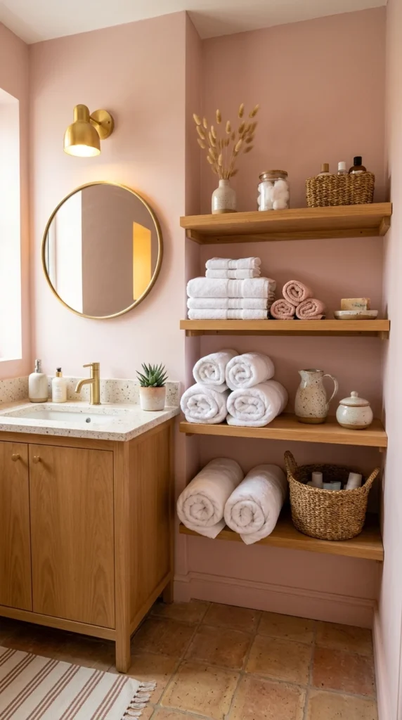30 Pink Bathroom Ideas for a Soft, Spa-Like and Modern Aesthetic Home 27 idea 27 soft pink wooden shelf 027b