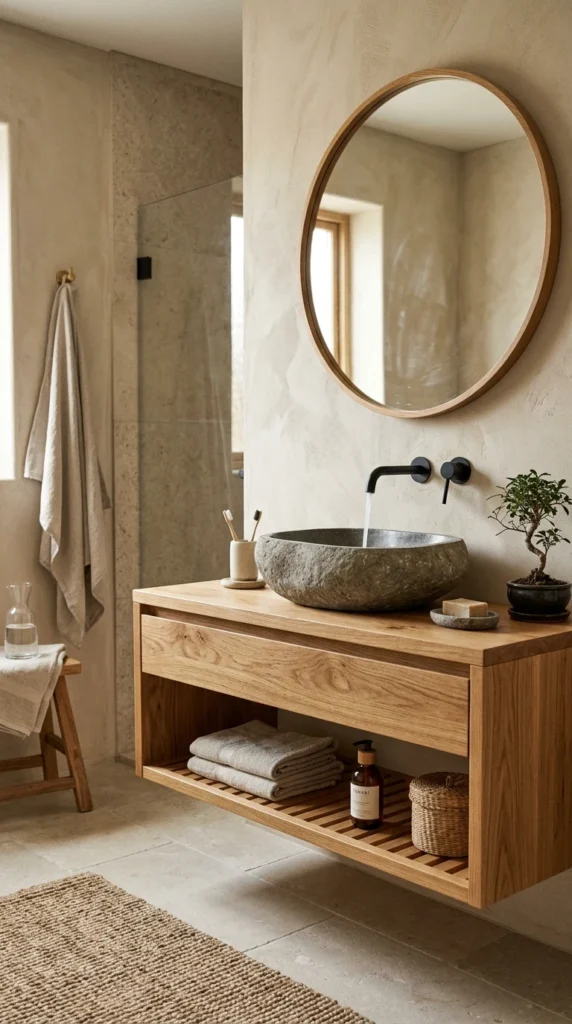 30 Japandi Bathroom Ideas That Feel Like a Luxury Spa at Home 29 idea 29 stone and wood harmony 029b