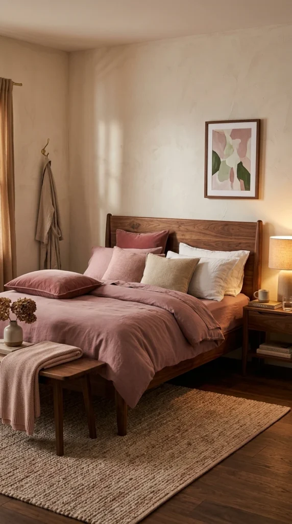 15 Pink Bedroom Ideas That Feel Chic, Not Childish (Elegant & Cozy) 3 idea 3 dusty rose and walnut b 003b