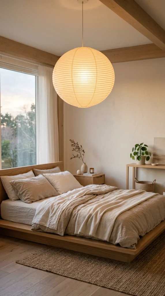 30 Japandi Bedroom Ideas That Feel Calm, Warm & Minimal (2026 Guide) 3 idea 3 paper lantern lighting 003b