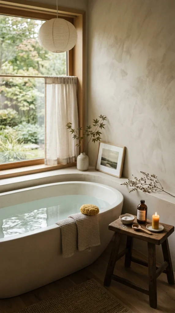30 Japandi Bathroom Ideas That Feel Like a Luxury Spa at Home 5 idea 5 zen soaking tub corner 005b
