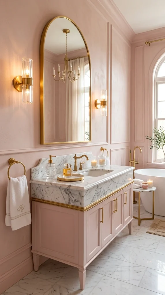 30 Pink Bathroom Ideas for a Soft, Spa-Like and Modern Aesthetic Home 6 idea 6 elegant gold accent pin 006b
