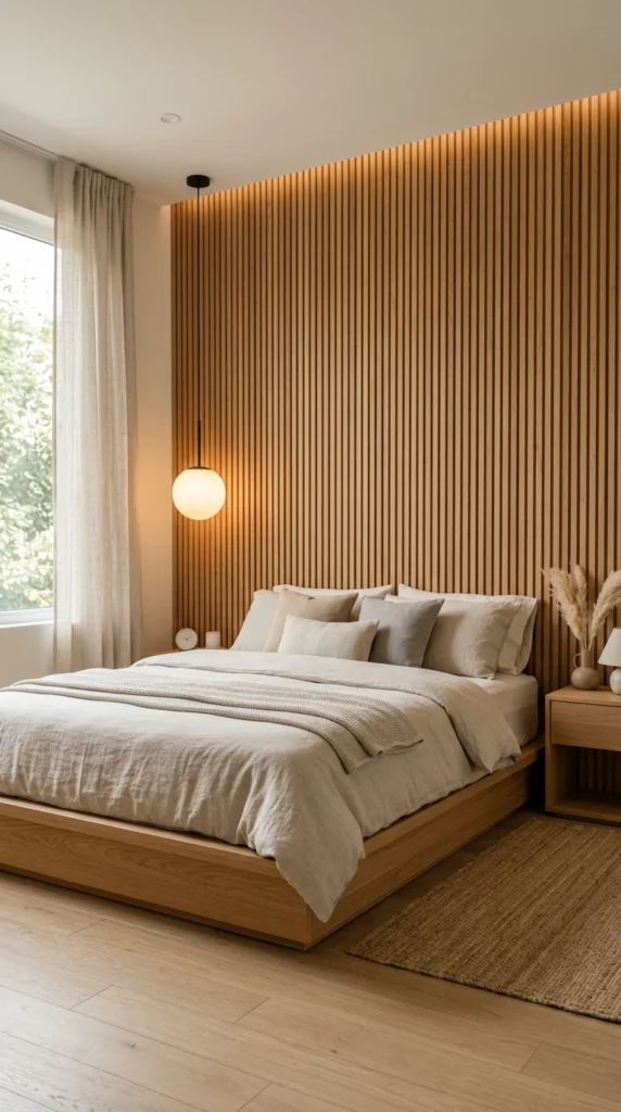 30 Japandi Bedroom Ideas That Feel Calm, Warm & Minimal (2026 Guide) 6 idea 6 warm wood accent wall f 006b