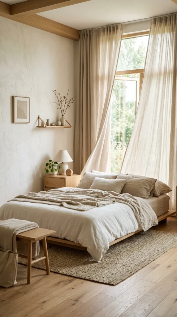 30 Japandi Bedroom Ideas That Feel Calm, Warm & Minimal (2026 Guide) 9 idea 9 linen curtains with nat 009b