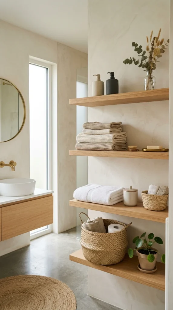 30 Japandi Bathroom Ideas That Feel Like a Luxury Spa at Home 9 idea 9 open shelf minimal stor 009