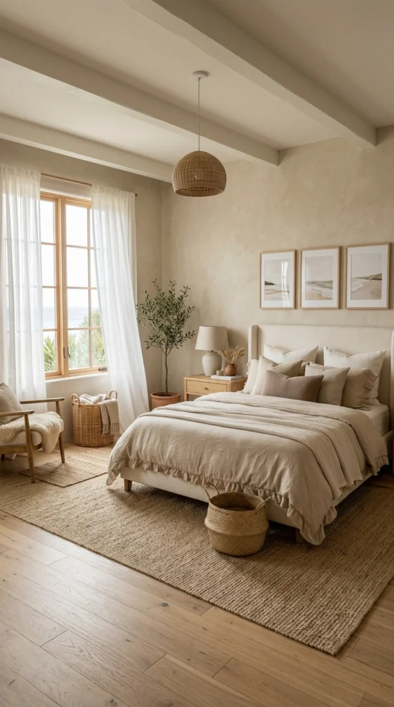 18 Earthy Bedroom Ideas That Instantly Ground Your Space 11 sand and cream coastal 011b