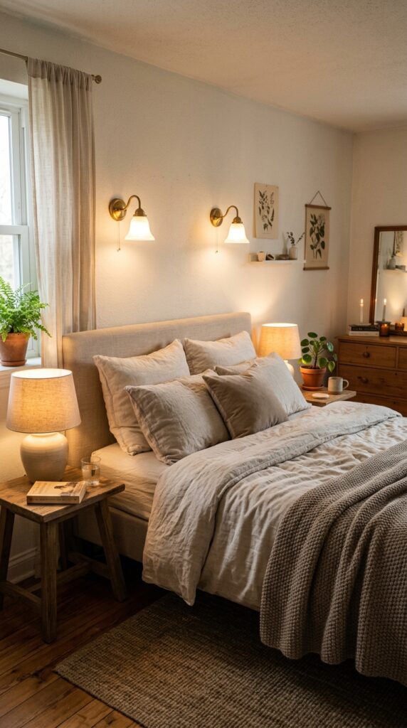 small Bedroom with layered lighting 6