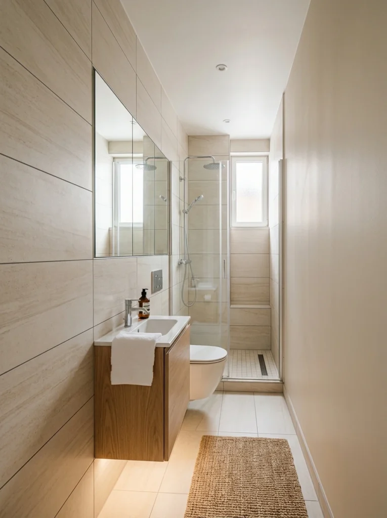 30 Very Small Bathroom Ideas That Make Your Space Feel Bigger 1 1. Narrow bathroom linear layout vantiy
