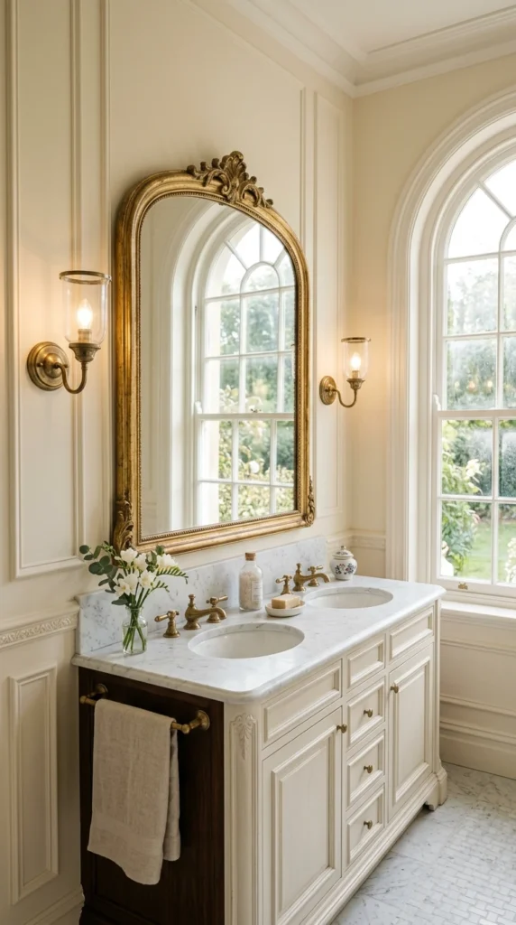 30 Victorian Bathroom Ideas That Make Any Space Look Expensive 10 10 arched gold mirror elegant 010