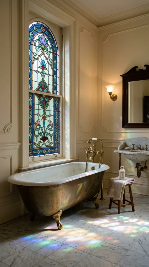 30 Victorian Bathroom Ideas That Make Any Space Look Expensive 12 12 stained glass window accent 012