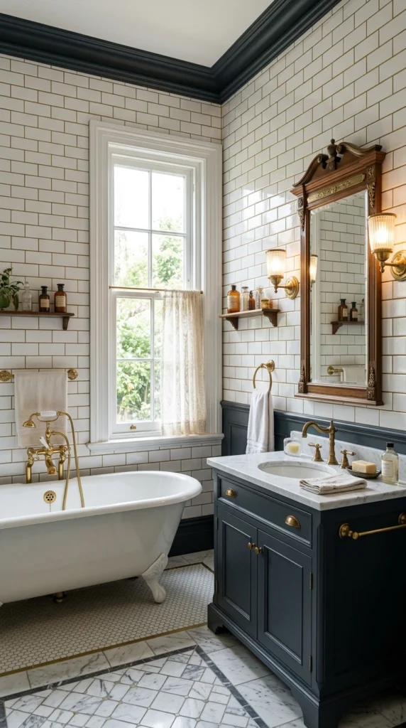 30 Victorian Bathroom Ideas That Make Any Space Look Expensive 15 15 subway tile with brass deta 015b