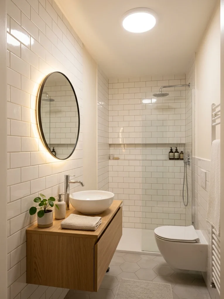 30 Very Small Bathroom Ideas That Make Your Space Feel Bigger 18 18 No window bathroom layered lighting