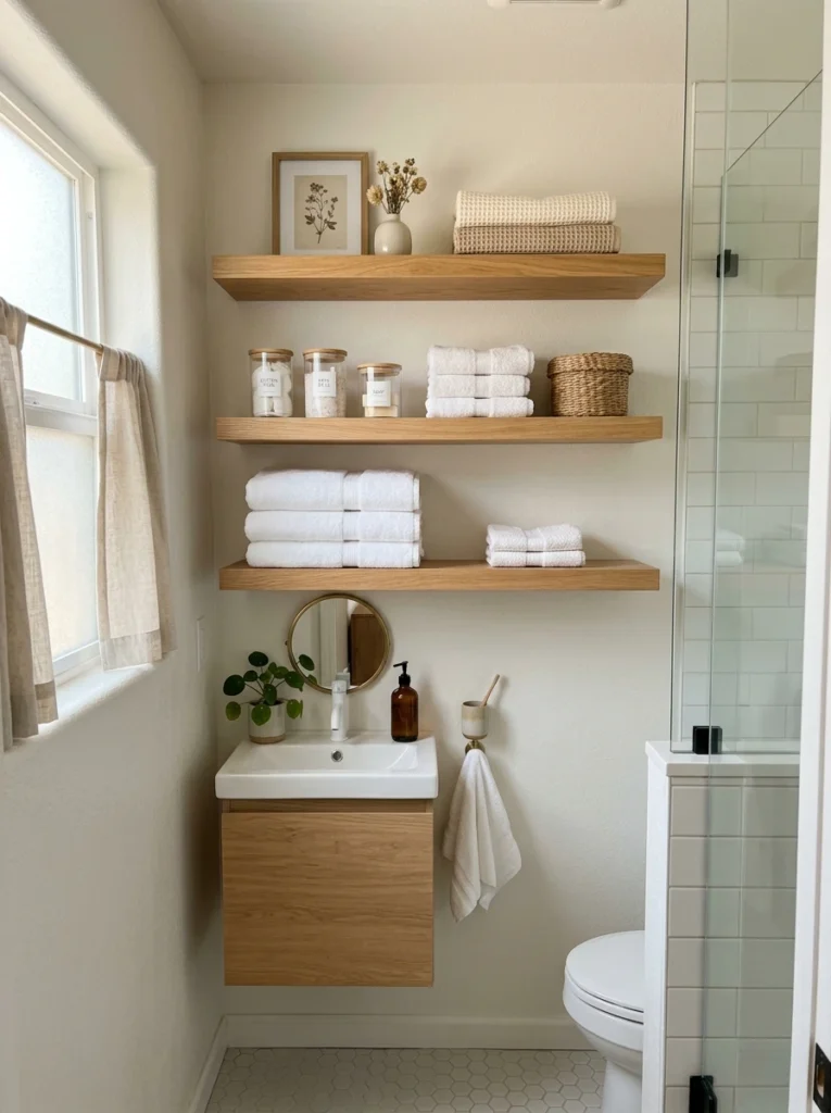 30 Very Small Bathroom Ideas That Make Your Space Feel Bigger 21 21 Tiny bathroom open shelving