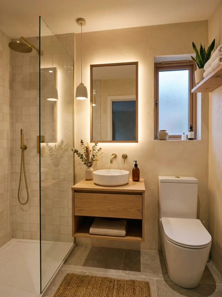 Small bathroom warm layered light