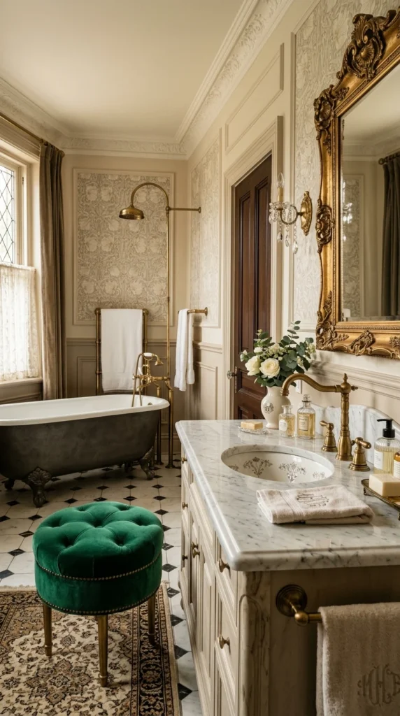 30 Victorian Bathroom Ideas That Make Any Space Look Expensive 28 28 velvet accent victorian bat 028b