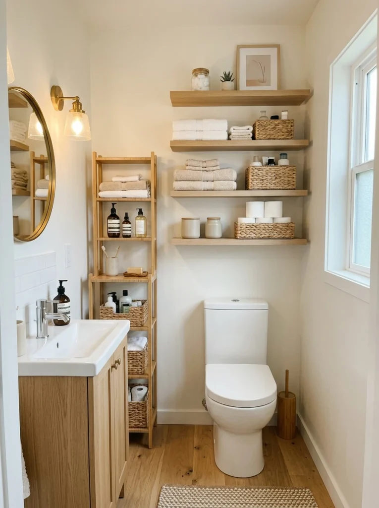 30 Very Small Bathroom Ideas That Make Your Space Feel Bigger 6 6 Vertical wall storage system bathroom
