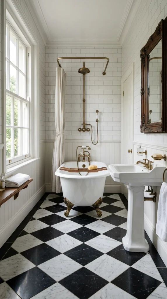 30 Victorian Bathroom Ideas That Make Any Space Look Expensive 6 6 black and white checkerboard 006b