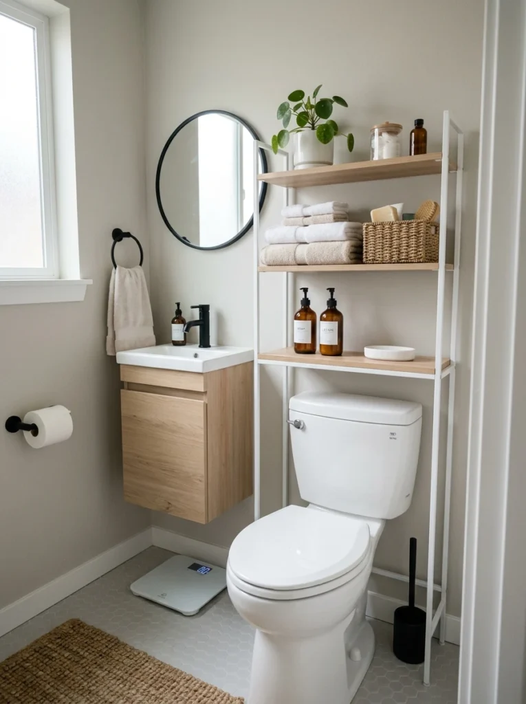 30 Very Small Bathroom Ideas That Make Your Space Feel Bigger 7 7 Over toilet storage with shelving bathroom