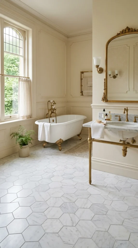 30 Victorian Bathroom Ideas That Make Any Space Look Expensive 7 7 hexagon marble tile flooring 007