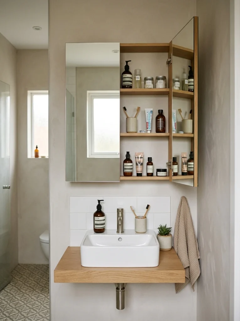 30 Very Small Bathroom Ideas That Make Your Space Feel Bigger 8 8 Hidden storage behind mirror