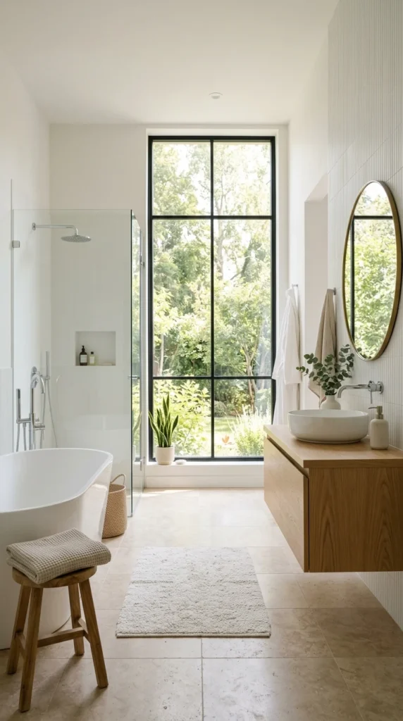 30 Minimalist Bathroom Ideas for a Calm, Clean, and Luxurious Space 23 bright airy bathroom with larg 023b