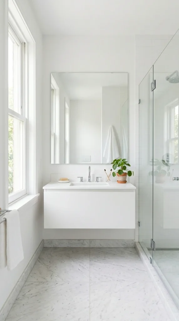 30 Minimalist Bathroom Ideas for a Calm, Clean, and Luxurious Space 11 clean white bathroom with marb 012b