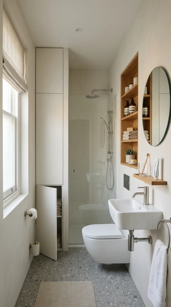 30 Minimalist Bathroom Ideas for a Calm, Clean, and Luxurious Space 28 compact layout with smart orga 028