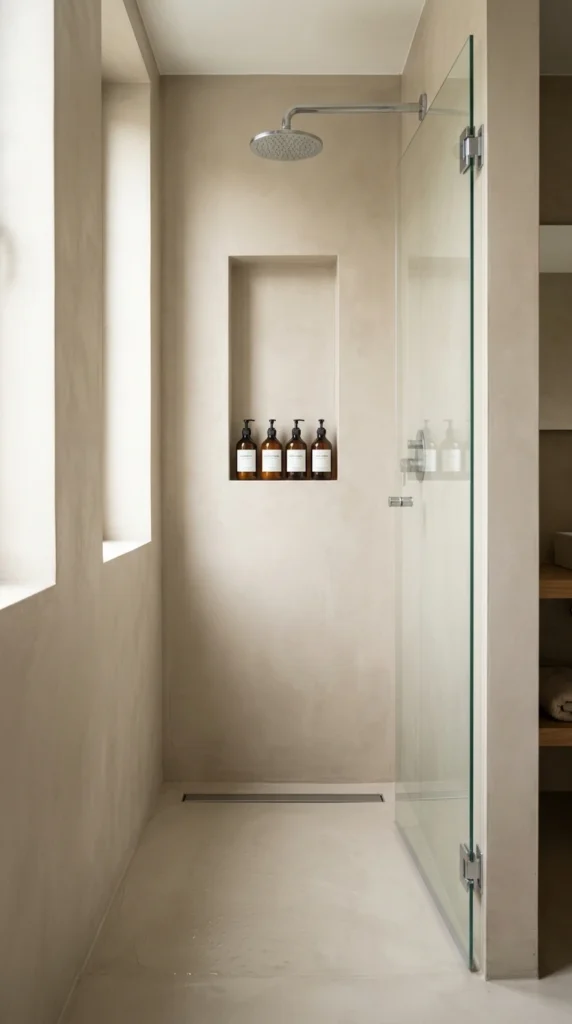 30 Minimalist Bathroom Ideas for a Calm, Clean, and Luxurious Space 5 compact shower with built in n 005
