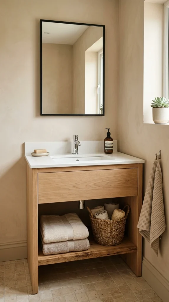 30 Minimalist Bathroom Ideas for a Calm, Clean, and Luxurious Space 16 compact vanity with open shelf 017b