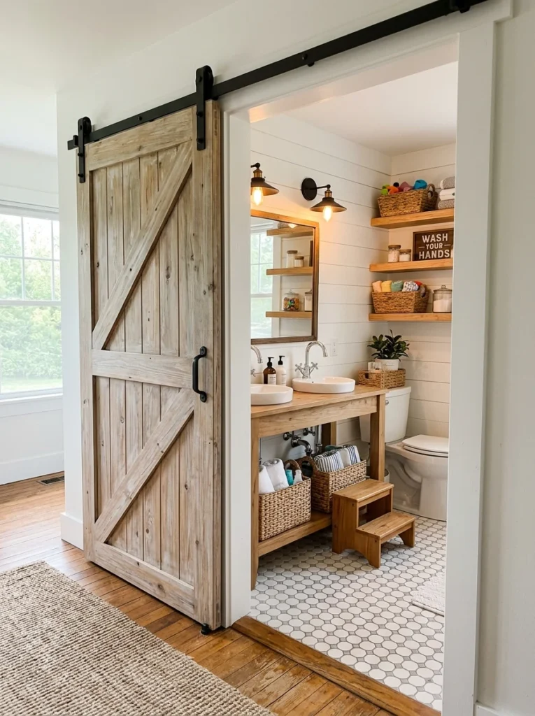farmhouse bathroom with slidin 017b