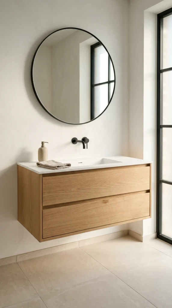 30 Minimalist Bathroom Ideas for a Calm, Clean, and Luxurious Space 1 floating oak vanity with soft 001b