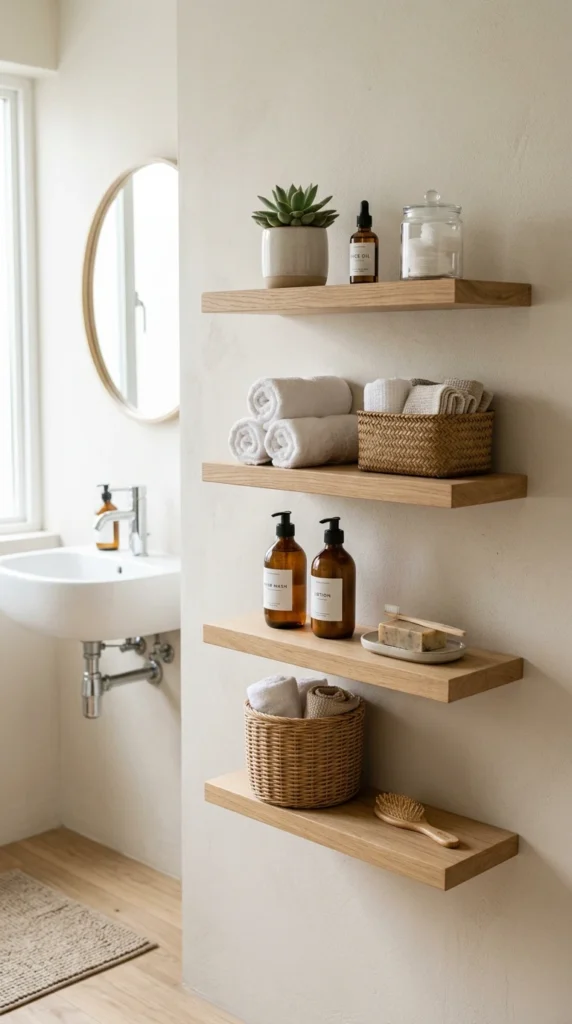 30 Minimalist Bathroom Ideas for a Calm, Clean, and Luxurious Space 22 floating shelves for storage v 022