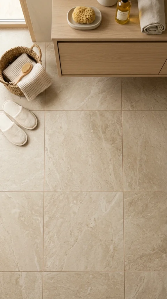 15 Beautiful Bathroom Floor Tile Ideas for a Fresh, Stylish Look 1 idea 1 soft beige stone spa ti 001