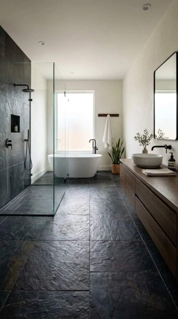 15 Beautiful Bathroom Floor Tile Ideas for a Fresh, Stylish Look 13 idea 13 dark slate statement f 013