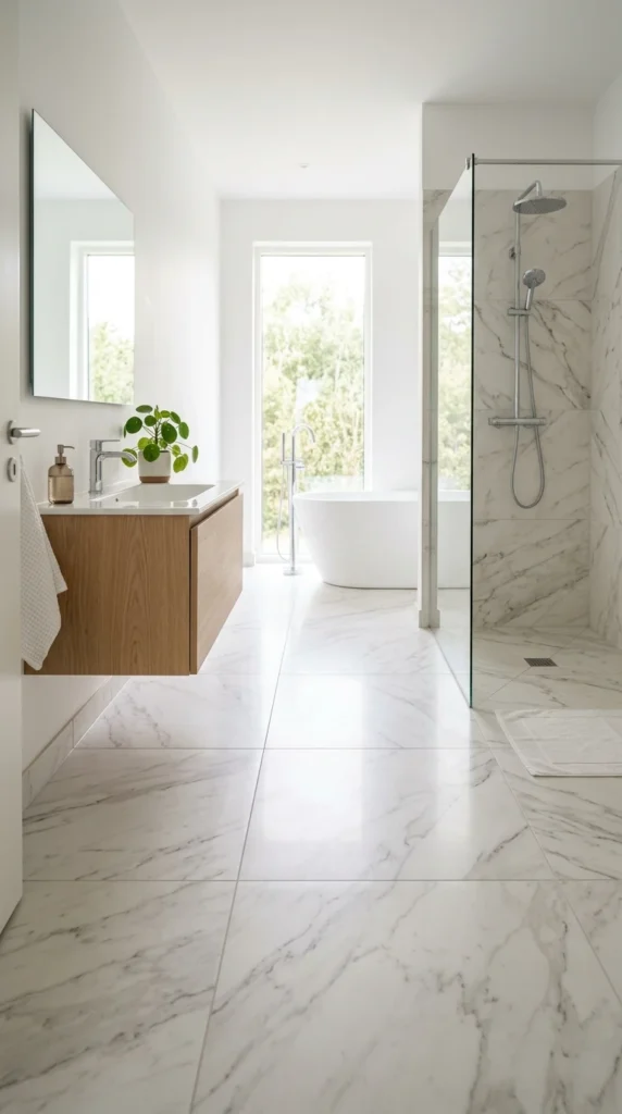 15 Beautiful Bathroom Floor Tile Ideas for a Fresh, Stylish Look 2 idea 2 large format marble loo 002b
