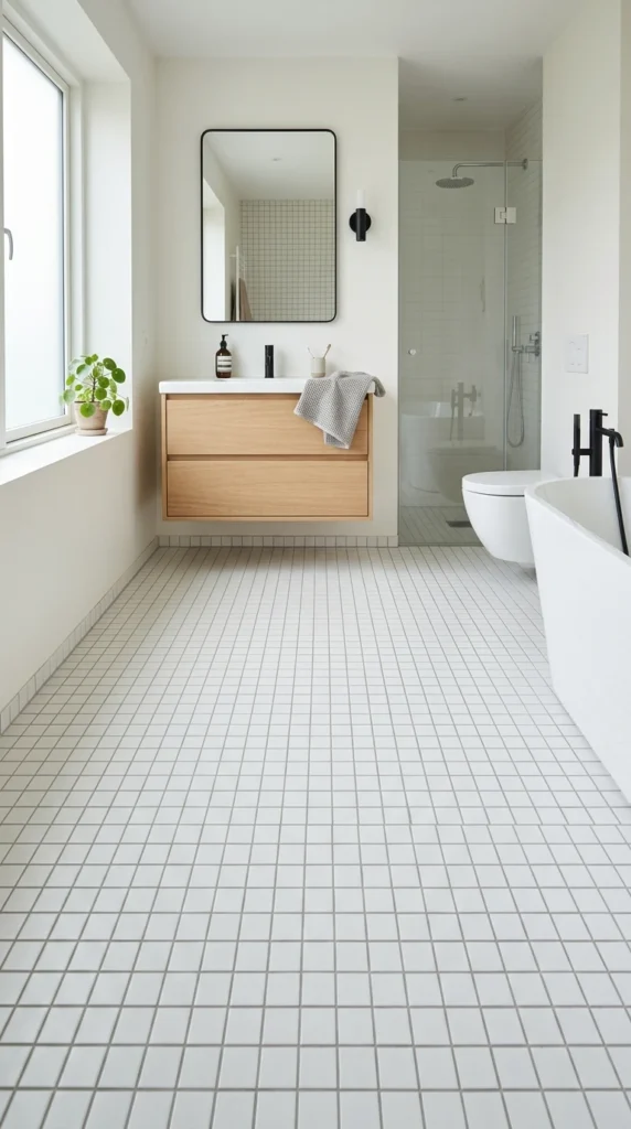 15 Beautiful Bathroom Floor Tile Ideas for a Fresh, Stylish Look 5 idea 5 scandinavian white grid 005b