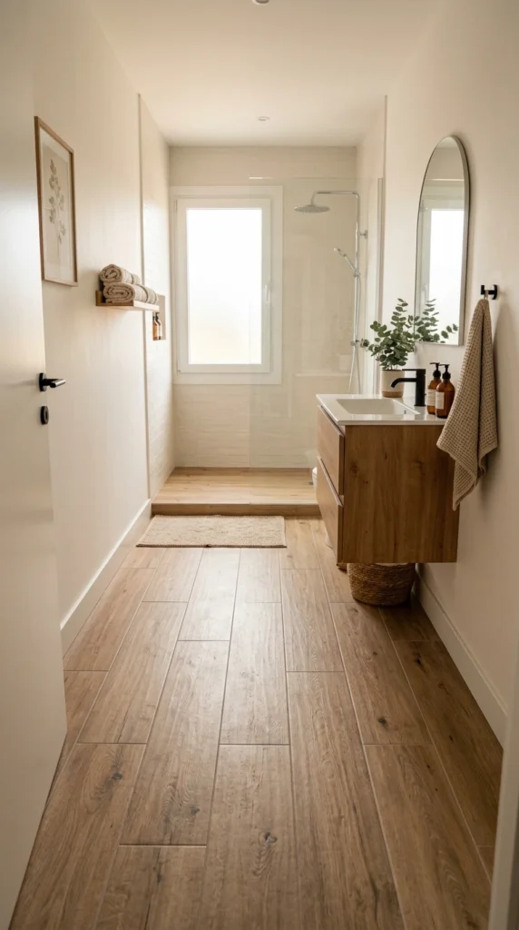 15 Beautiful Bathroom Floor Tile Ideas for a Fresh, Stylish Look 7 idea 7 warm wood look porcelai 007b