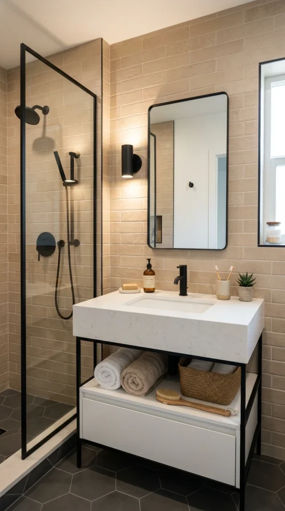 15 Neutral Bathroom Ideas You’ll Always Love 9 idea 9 matte black accent neut 009b