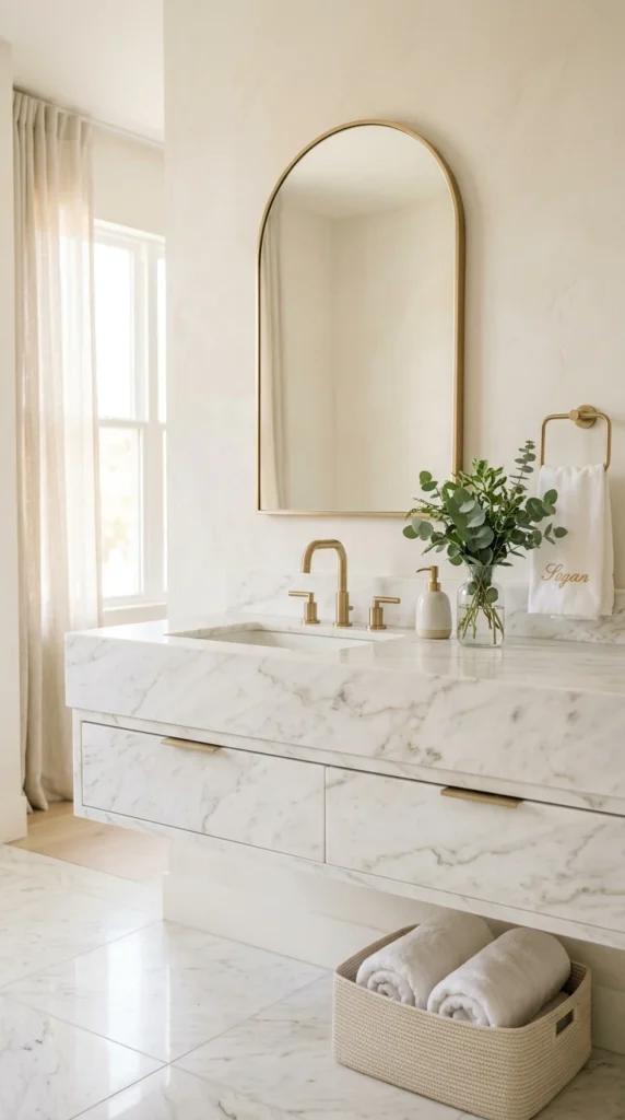 30 Minimalist Bathroom Ideas for a Calm, Clean, and Luxurious Space 4 marble vanity with subtle gold 004b